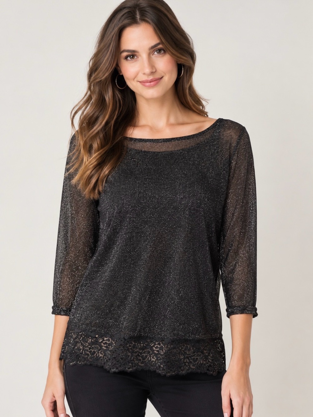 Maurice’s Sheer Sparkle Black Women's Top with Lace Hem Size Small